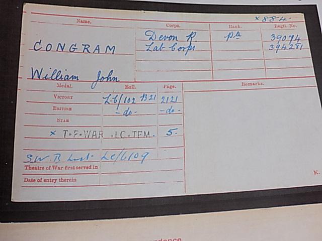 WW1 Trio - 884/39094 Pte W J Congram, Devon Regiment